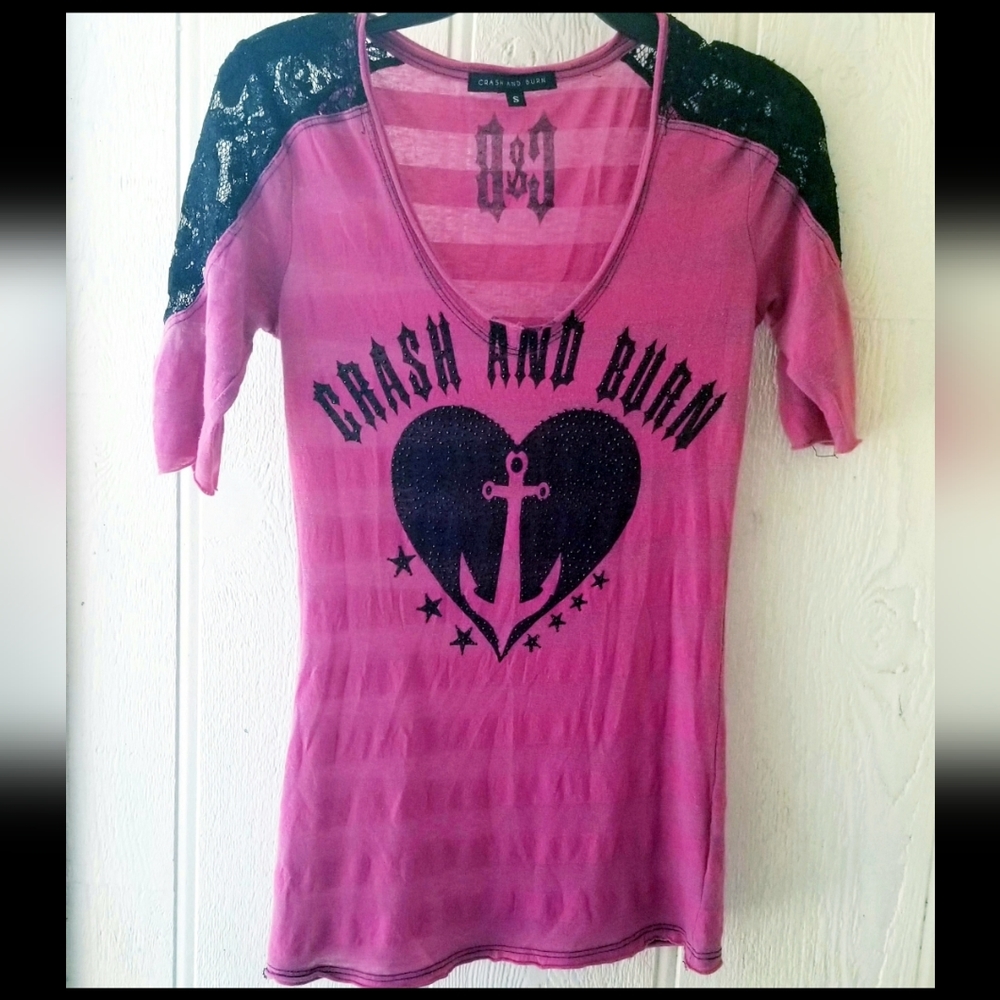 Crash and Burn Pink Top with black rhinestones Size S